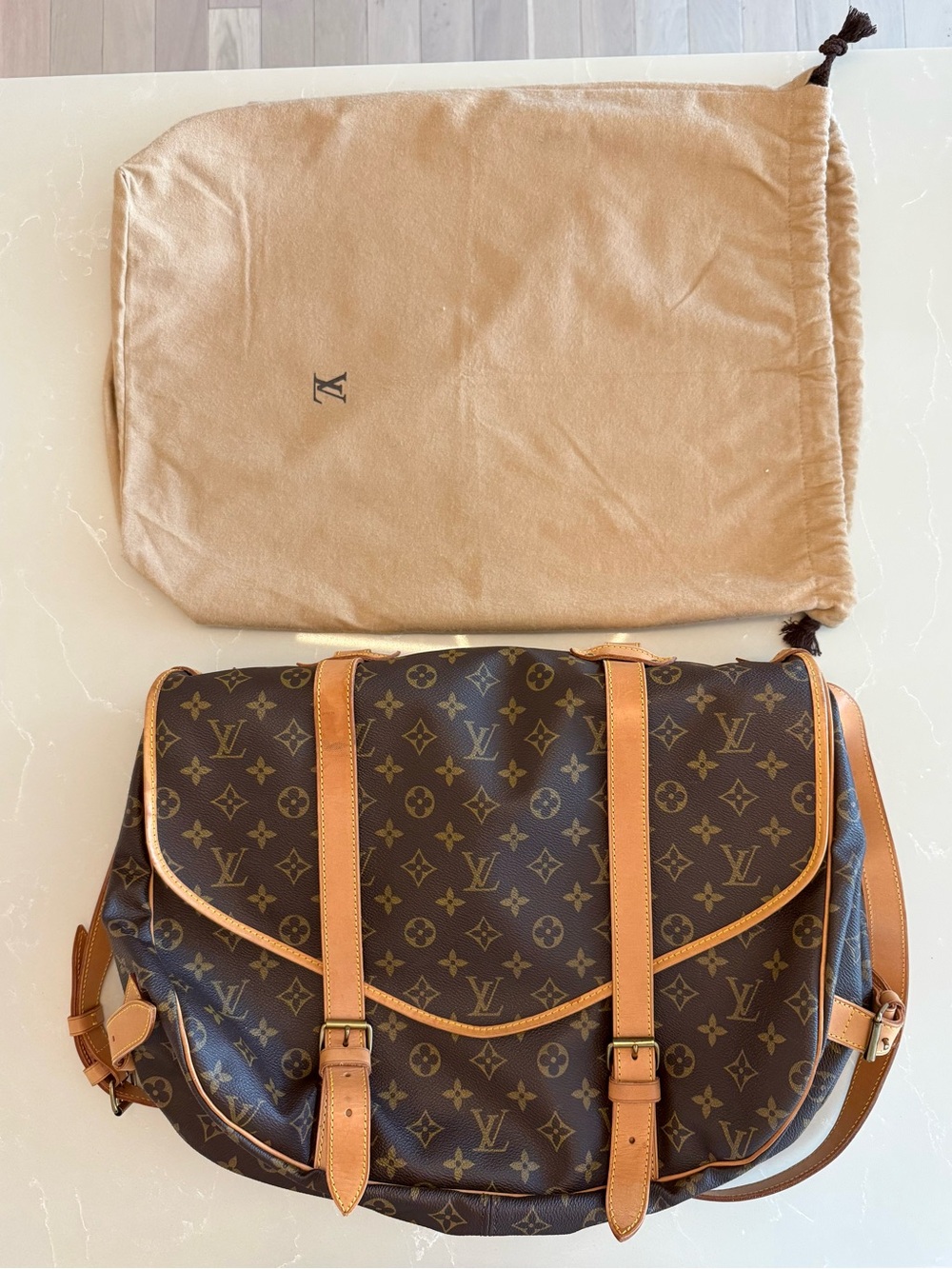 Vintage Louis Vuitton Brown Monogram Canvas Messenger Bag with Tan Trim